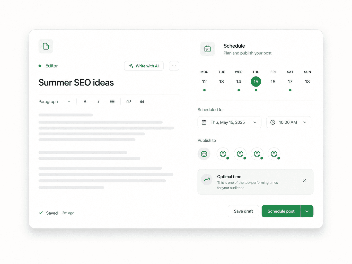 Kura content composer — an AI blog editor beside a social post scheduler