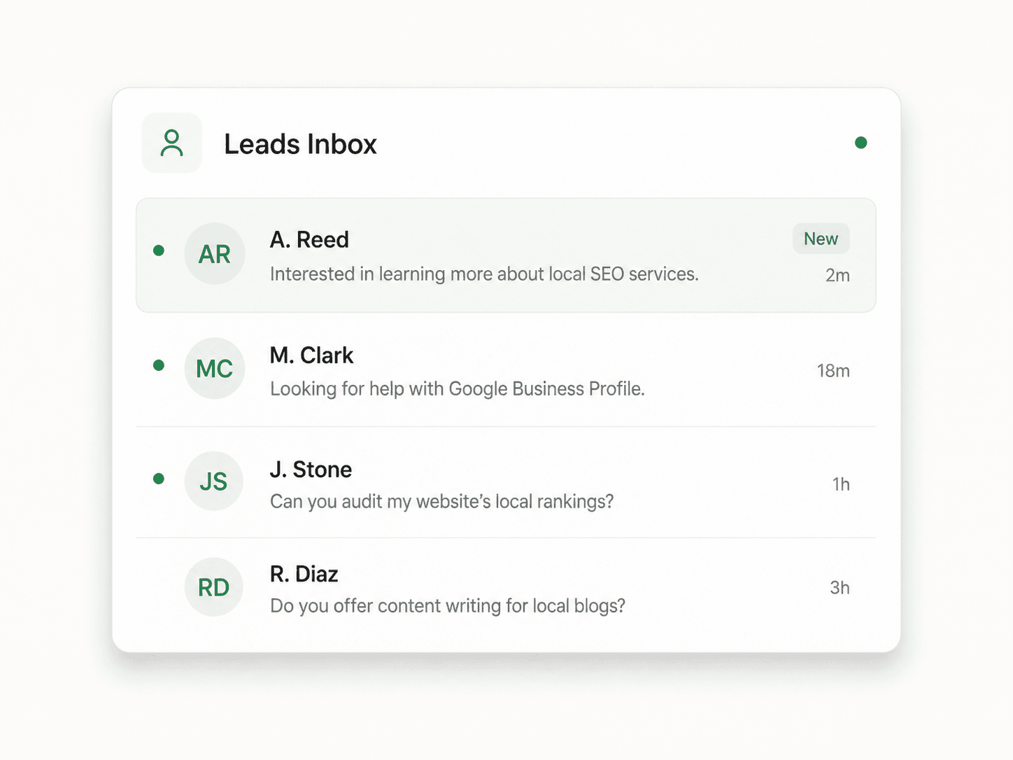 Kura leads inbox — a list of new leads with names, message previews, and timestamps